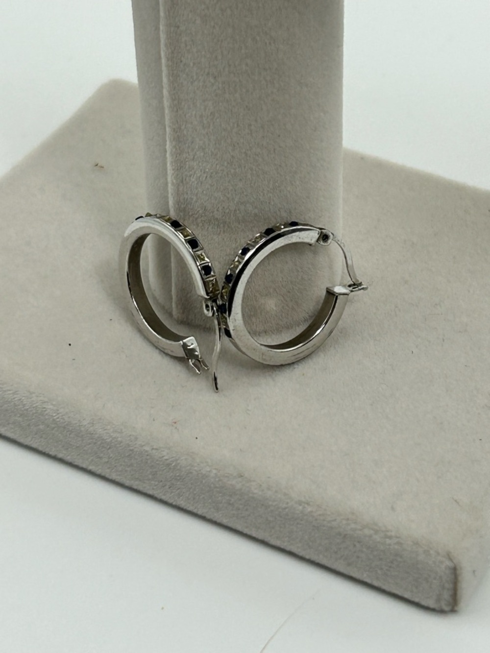 Sterling Silver Hoop Earrings Blue & Clear Crystals 1" Stamped 925 SLC - Picture 8 of 10